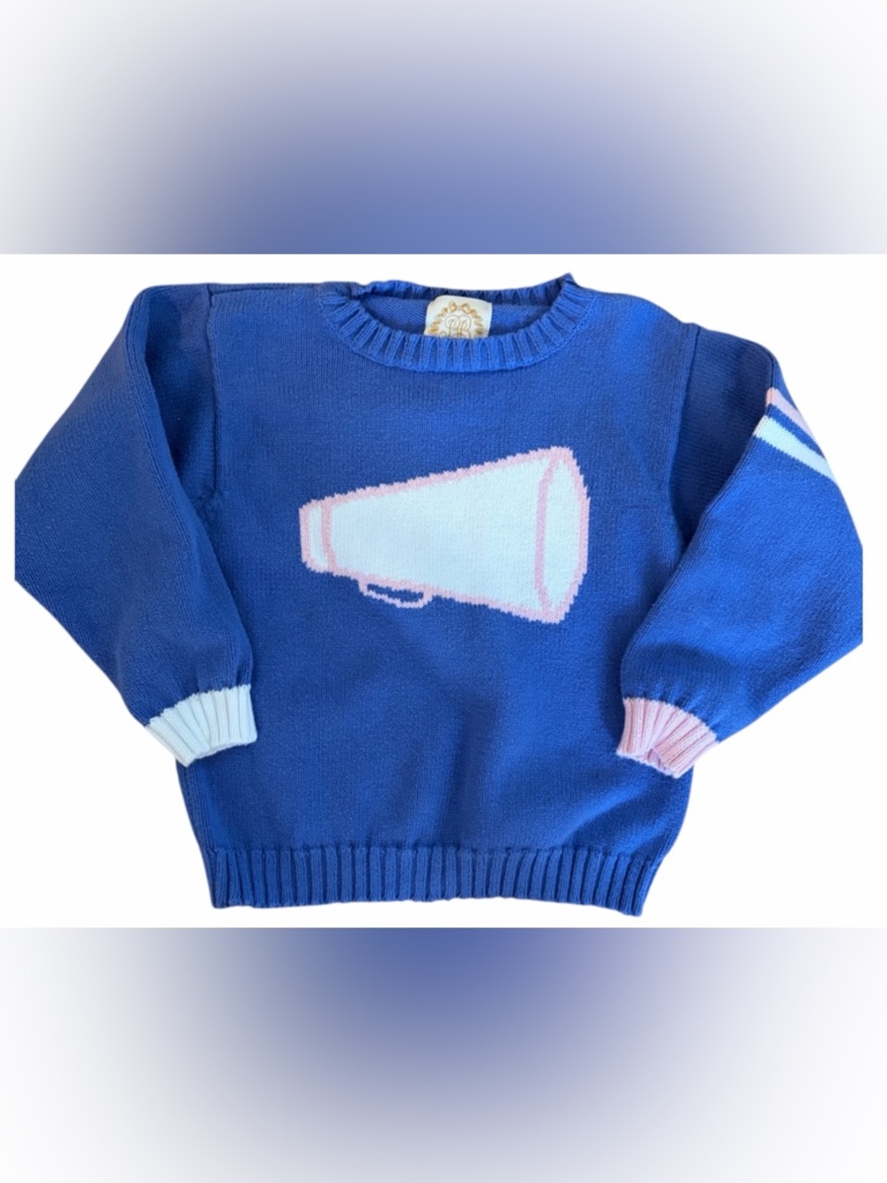 The Beaufort Bonnet Company Blue Knit Sweater with Pink and White Megaphone